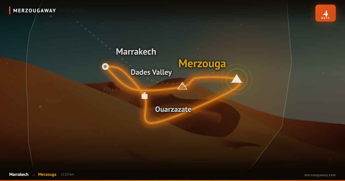 Tour de 4 Días desde Marrakech al Desierto del Sahara en Merzouga con Paseo en Camello